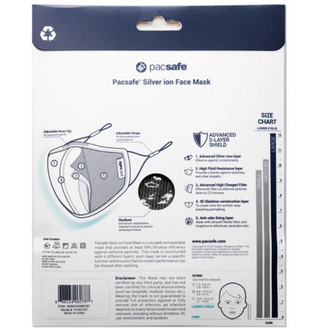 Pacsafe Silver Ion Face Mask Side View Silver Grey back of packaging