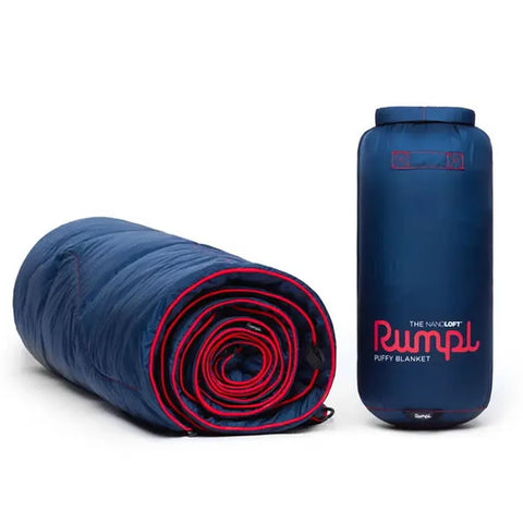 Rumpl Nanoloft Blanket 1 Person Deepwater stuff sack and rolled up