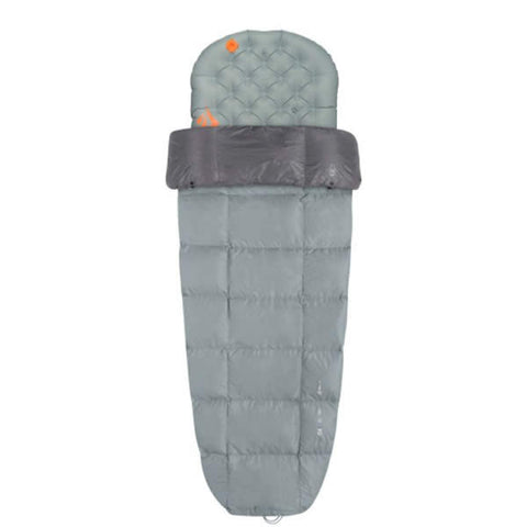 Sea to Summit Cinder CD1 Ultralight 750 Loft 10 degree down quilt on mattress