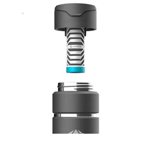 Aquamira Shift Water Filtration Bottle showing cap with filter unscrewed from bottle