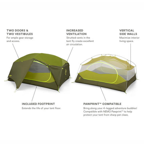 Nemo Aurora 3 Person Hiking Tent with Footprint Nova Green features