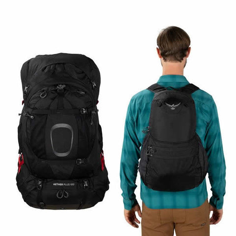 Osprey Aether Plus 85 Litre Men's Hiking Backpack Black with lid converted to daypack