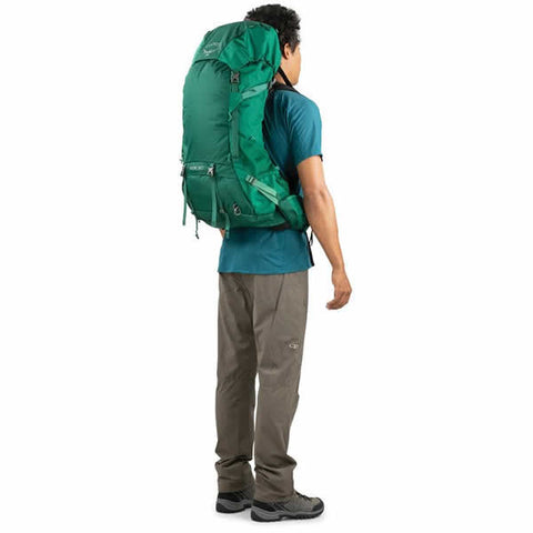 Osprey Rook 60 Litre Men's Hiking Backpack Mallard Green rear view in use