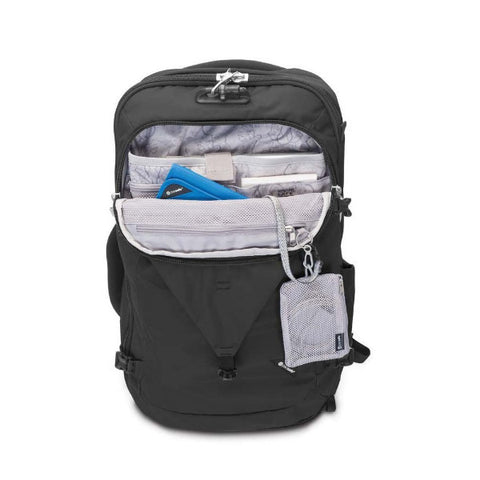 Pacsafe Venturesafe EXP45 Anti-theft Carry on 45 litre travel backpack black open