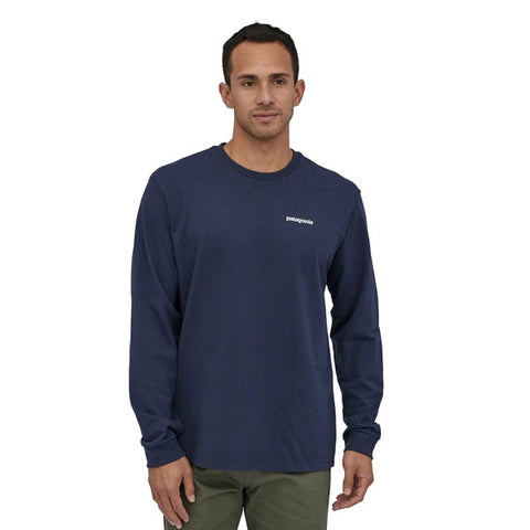 Patagonia Men's Long Sleeve P-6 Logo Responsibili-Tee Classic Navy in use front view