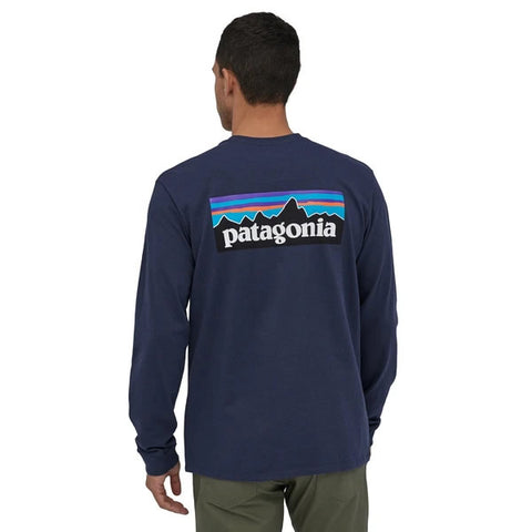 Patagonia Men's Long Sleeve P-6 Logo Responsibili-Tee Classic Navy in use rear view
