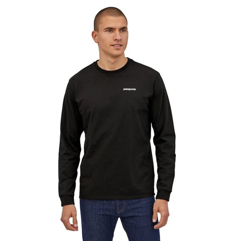 Patagonia Men's Long Sleeve P-6 Logo Responsibili-Tee Black in use front view