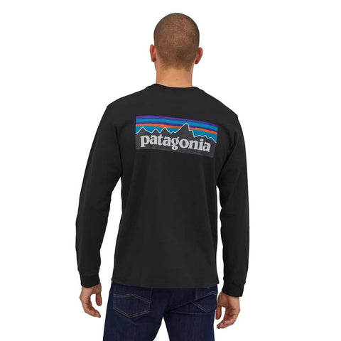 Patagonia Men's Long Sleeve P-6 Logo Responsibili-Tee Black in use rear view