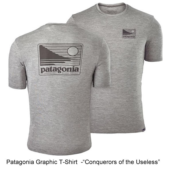 Patagonia Mens Graphic Capilene daily t-shirt feather grey conquerors of the useless