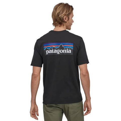 Patagonia Men's P6 Logo Responsibili-Tee Recycled T-Shirt black in use rear view