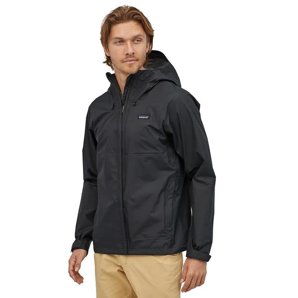Patatagonia mens torrentshell jacket 3 layer mens black in use front view