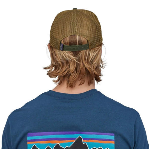 Patagonia P6 Logo Trucker Hat White with Kelp Forest in use rear view