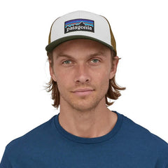 Patagonia P6 Logo Trucker Hat White with Kelp Forest in use front view