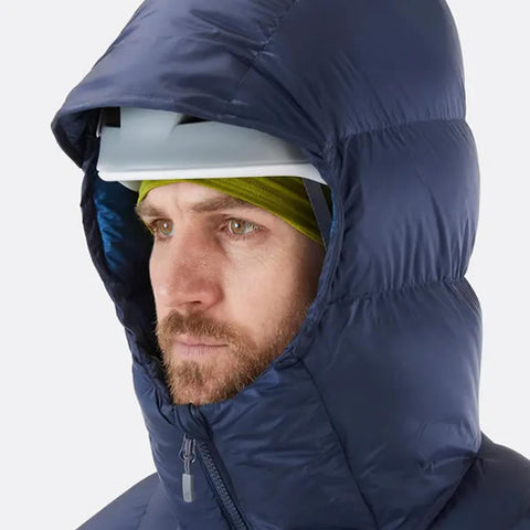 Rab Neutrino Pro Alpine Summit Down Jacket  800 Fill Power hood over helmet