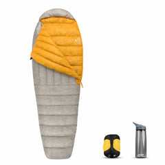 Sea to Summit Spark 1 Down Sleeping Bag with it packed away next to water bottle