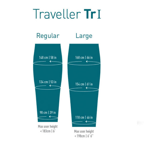 Sea to Summit Traveller Down Sleeping Bag dimensions chart