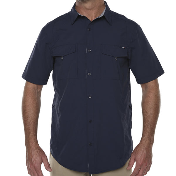 Vigilante Men's Lupton II Short Sleeve Travel Adventure Shirt Mood Indigo front view in use