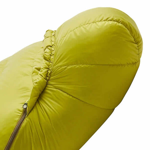 Marmot Hydrogen -1 Degree C Down Sleeping Bag Full view Dark Citrus Olive hood side view