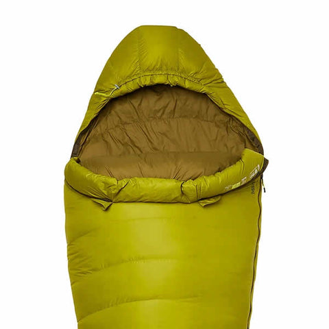 Marmot Hydrogen -1 Degree C Down Sleeping Bag Full view Dark Citrus Olive hood