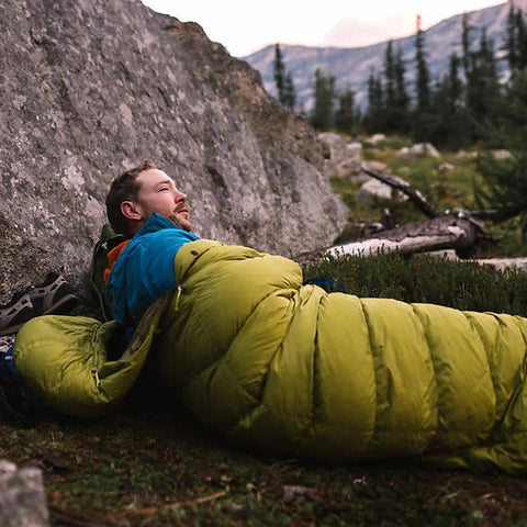 Marmot Hydrogen -1 Degree C Down Sleeping Bag Full view Dark Citrus Olive in use