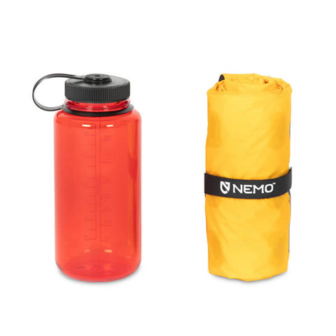 Nemo Tensor Ultralight Sleeping Mat Pad packed away compared to nalgene bottle