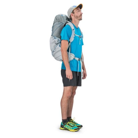 Osprey Levity 45 Ultralight Hiking Backpack Parallax Silver in use side view