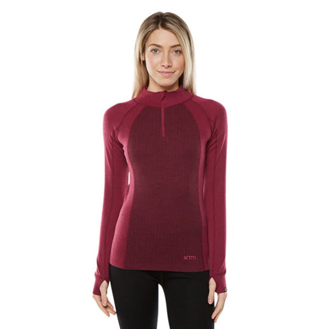 XTM Womens Merino Zip Neck LS top Burgundy